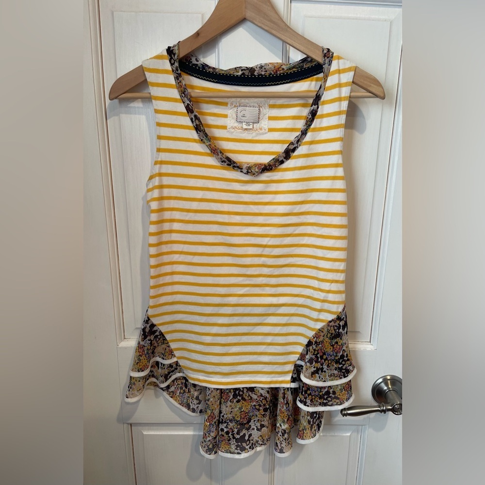 Anthropologie Postcard Yellow and White Striped Tank Top with Floral Ruffles XS